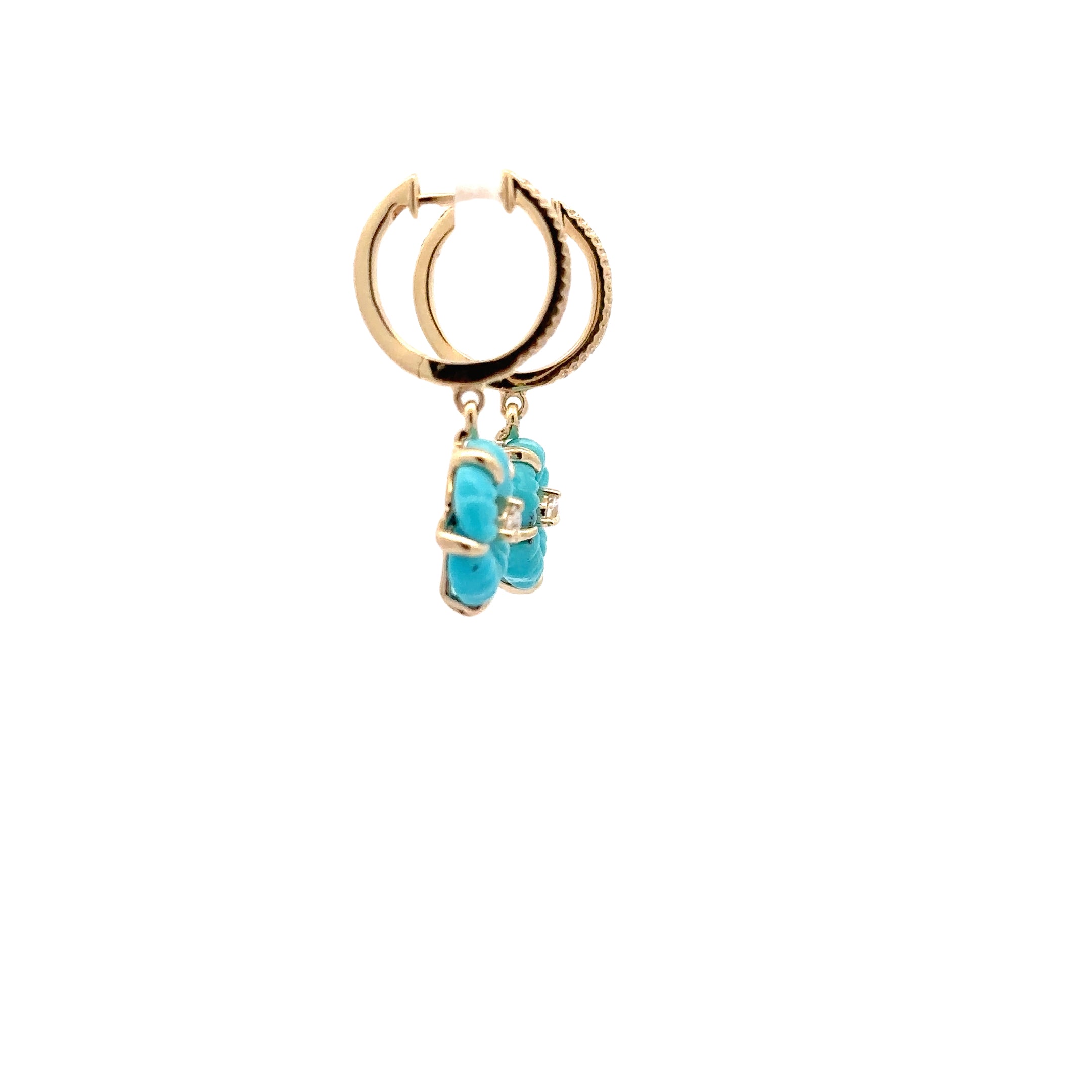 WD1727 14kt Gold Flower Carved Turquoise with Diamond Center Drop Earring