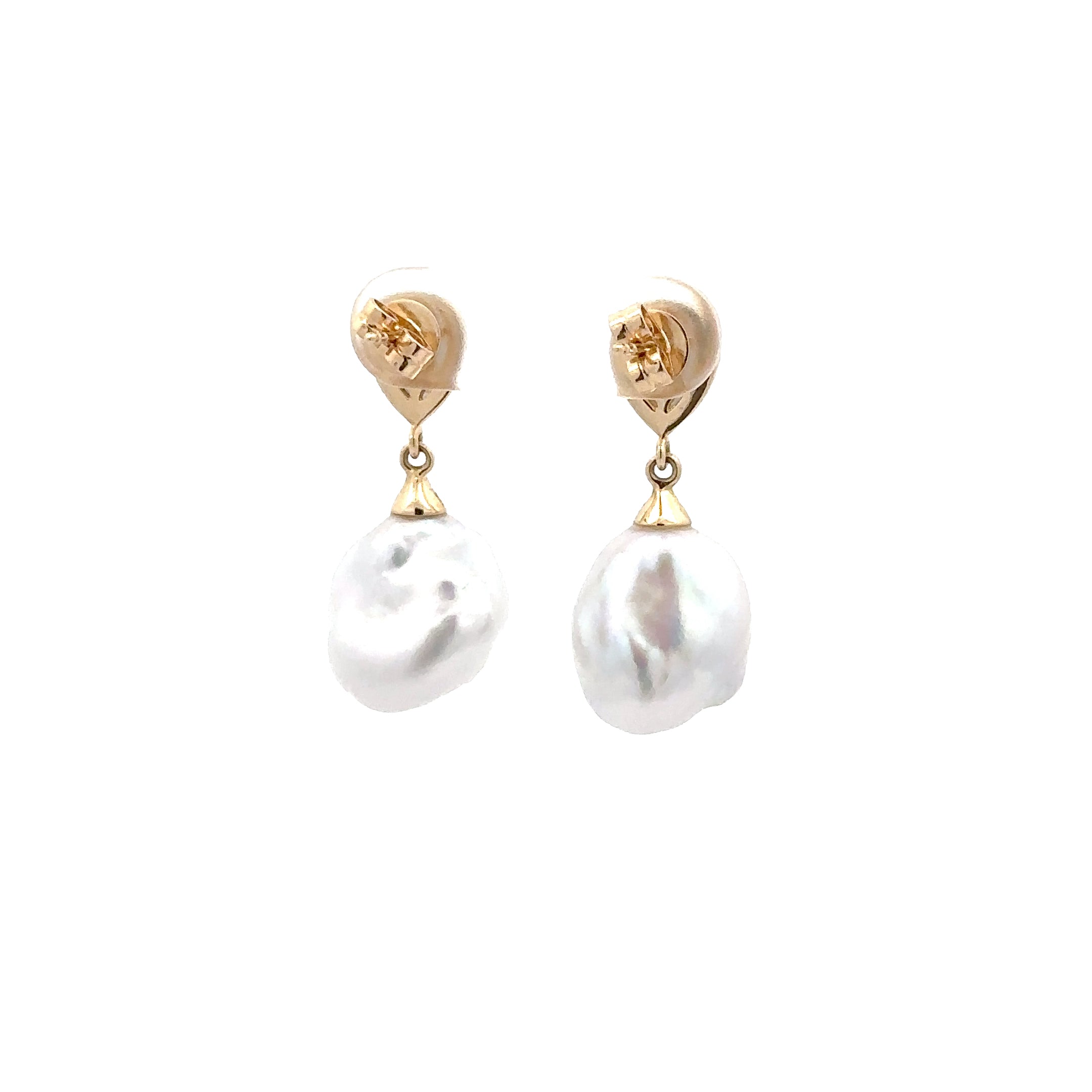 WD1330 14kt Gold Pear Shaped Rose Cut Champagne Diamond with Diamond Halo and Baroque Drop Pearl Earrings