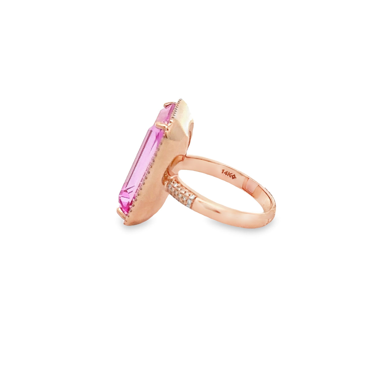 WD1349 14kt Gold Pink Zircon Ring with Diamond Detail and Halo