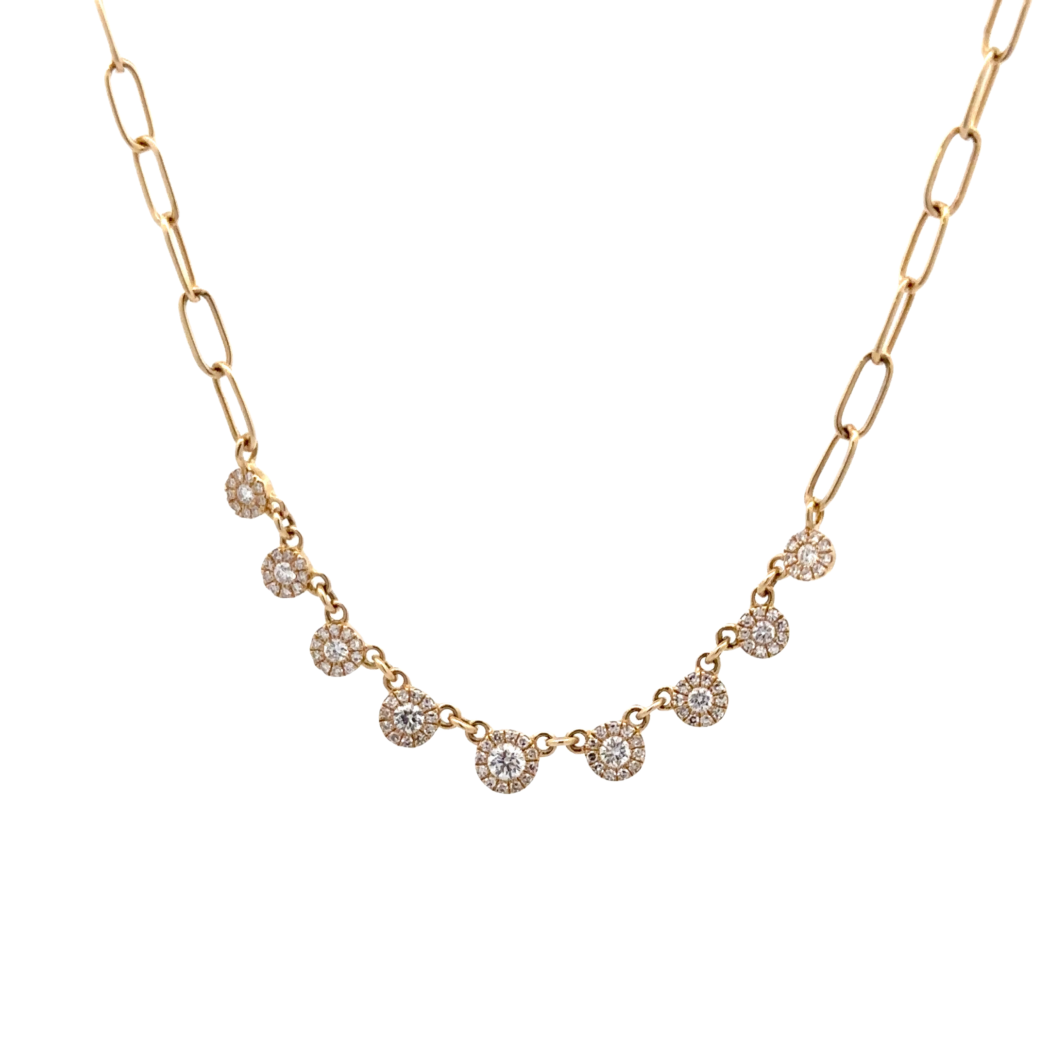 WD1710 14kt Gold Paper Link Chain with 9 Diamonds Wrapped with Diamond Halos Necklace