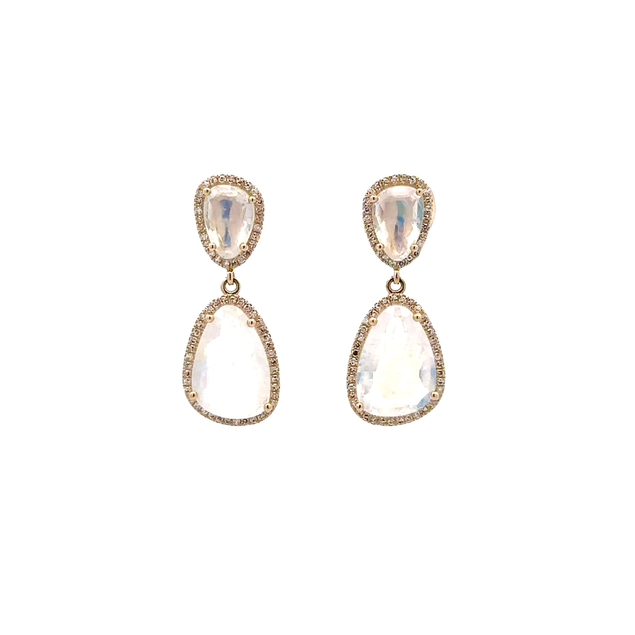 WD1670 14KT Gold Double Moonstone Drop with Pave Diamond halos